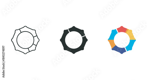 Set of three different colorful gear icon designs