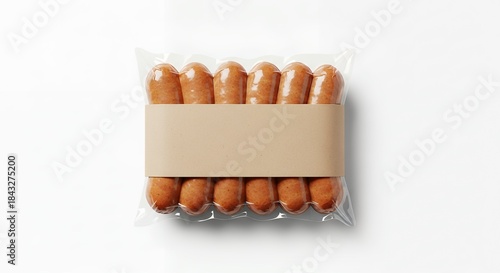 Freshly packed sausages ready for sale with blank label and copy space