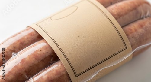 Freshly packed sausages with a blank label ready for branding