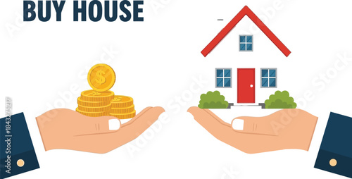 Hands holding coins and a house illustration representing property investment on transparent background