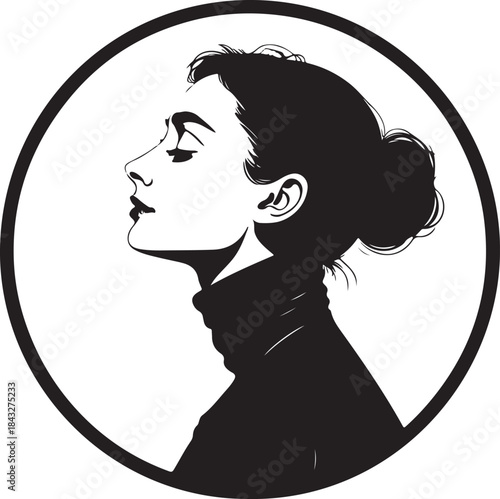 Minimalist Black Female Profile Silhouette Framed in Circular Border on Soft Pastel Blue Background with Timeless Vintage Cameo Elegance