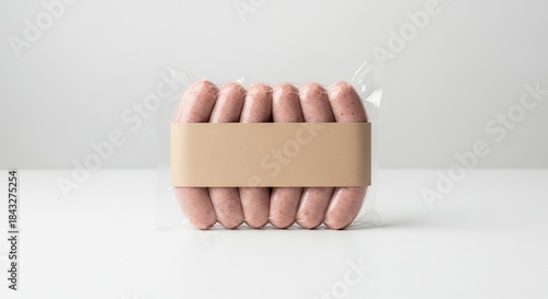 Freshly packed sausages with blank paper band on a white background