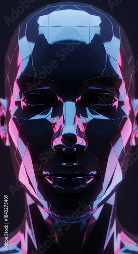 Futuristic 3 d rendered human head with reflective surface and pink blue lighting