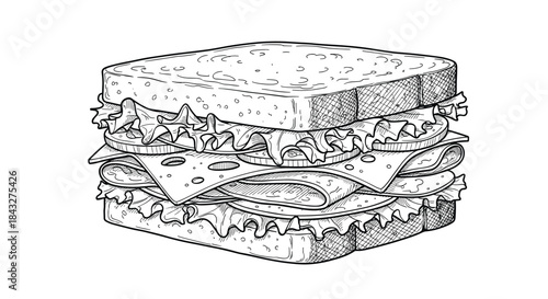 Detailed black and white ink sketch of a classic deli sandwich with layers of meat, cheese, lettuce, and tomato in a vintage style.