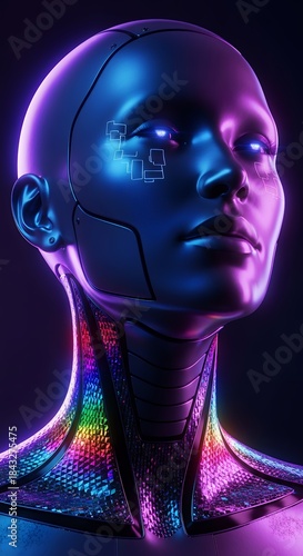 Futuristic android head with glowing eyes against a dark background