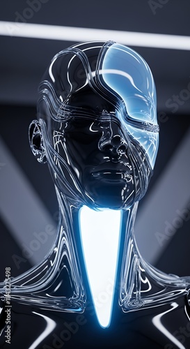 Futuristic android portrait in reflective chrome and glowing blue elements