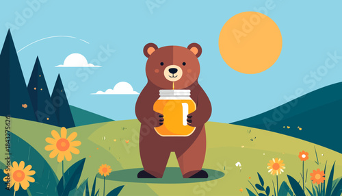 Cartoon bear hugs honey jar in sunny meadow with mountains, clouds, and flowers