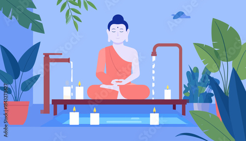 Cartoon Buddha figure meditates by taps & plants in a calming, serene, blue-toned, stylized environment