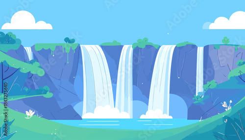 Cartoon cascade in a lush, flat landscape with trees, flowers, and clouds under a clear sky