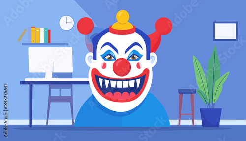 Cartoon clown in an office setting with desk, computer, plant, stool and clock, against a blue wall