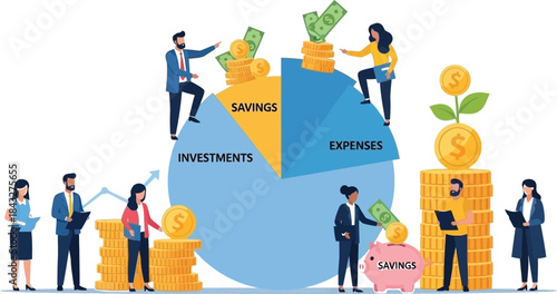 Financial growth illustration with people money and a pie chart on transparent background