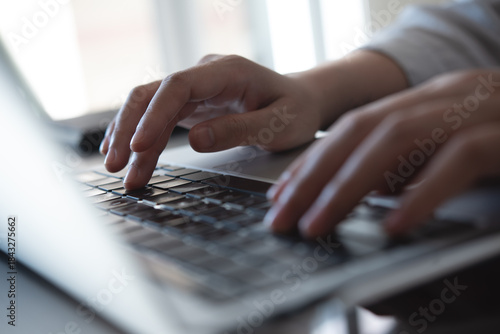 Εκτύπωση καμβά Close up, woman hands typing on laptop computer keyboard, surfing the internet o
