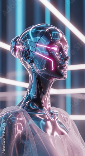 Futuristic android portrait with neon accents in a digital environment