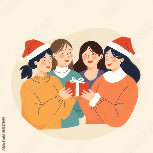 Group of Friends Exchanging Christmas Gift and Smiling Together in Festive Holiday Celebration Illustration in Flat Cartoon Style