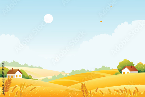 A serene countryside landscape featuring golden fields a bright sun and charming