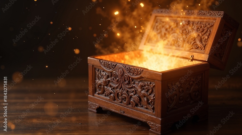 Fototapeta premium Open Carved Chest Radiating Golden Light — Magic, Mystery & Festive Wonder.