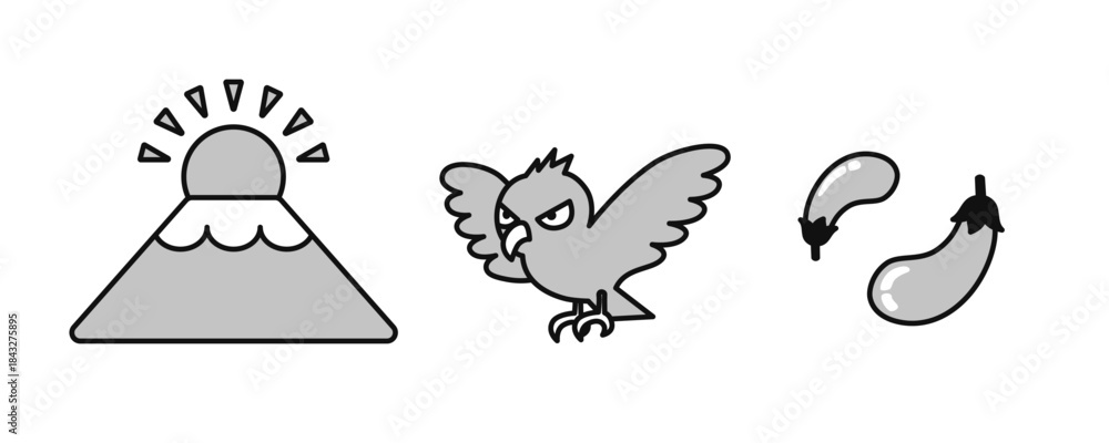 Obraz premium モノクロ線画の一富士二鷹三茄子 ベクターイラスト