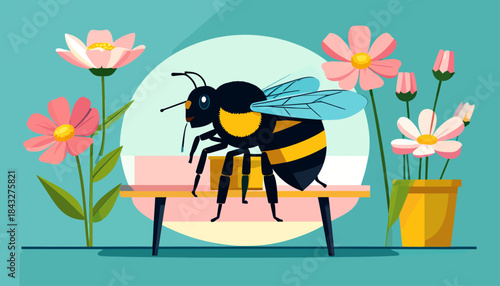 Cartoon-style bee on bench with flowerpots against a blue backdrop and geometric shapes