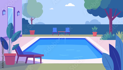 Cartoon-style poolside patio with blue pool, lounge chair, trees, & table with chairs