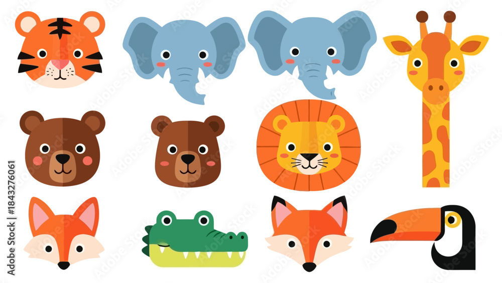 Fototapeta premium Cute Animal Heads Vector Illustration Set
