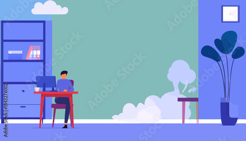 Flat vector illustration of a person working in a simple, calm room, stylized with muted blue and green tones