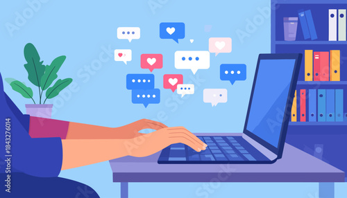 Flat vector illustration showing someone typing on a laptop surrounded by stylized speech bubbles and a bookshelf