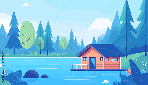 Flat vector illustration of a wooden cabin on a lake surrounded by trees and mountains in a blue color palette