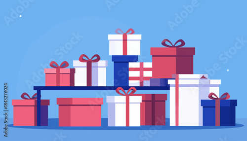 Colorful gifts stacked on shelf. Presents with red, white and blue colors, decorated with matching bows