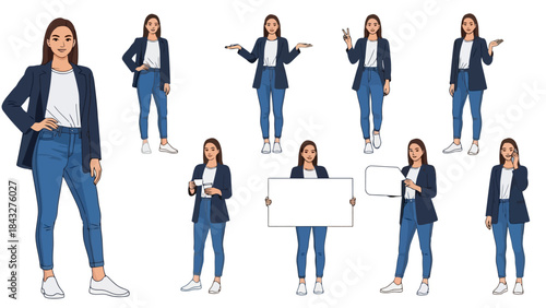 Cartoon woman in various poses wearing a blazer and jeans.