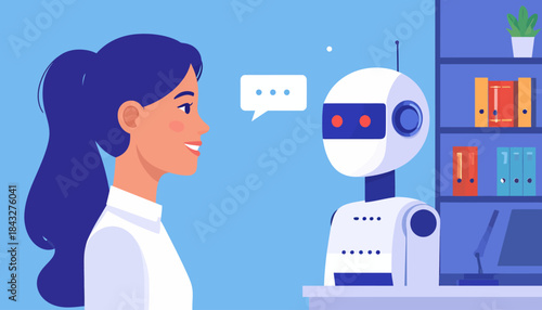 Flat vector illustration woman talking with a robot. Speech bubble. Desk with computer & a bookshelf in the background