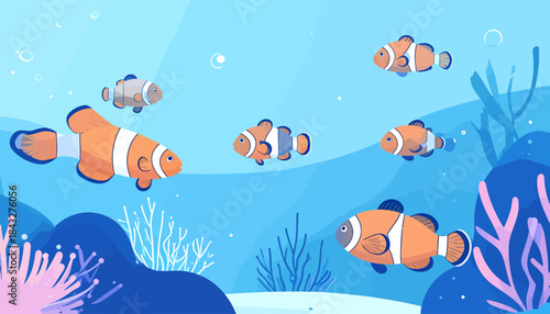 Colorful illustration of clownfish swimming in a stylized blue ocean scene with plants and bubbles