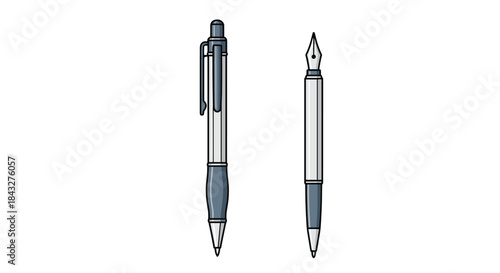 Simple vector illustration of two types of writing instruments, a modern ballpoint pen and a classic fountain pen, on a white background.