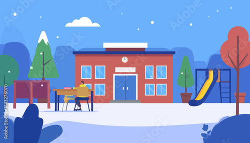 Flat vector school with playground, student at desk, and snowy landscape in cool, muted blues, reds, and greens