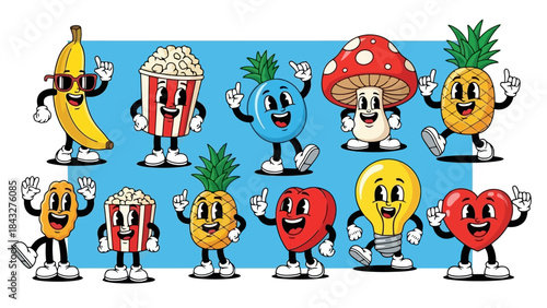 Retro Cartoon Character Vector Set Illustration
