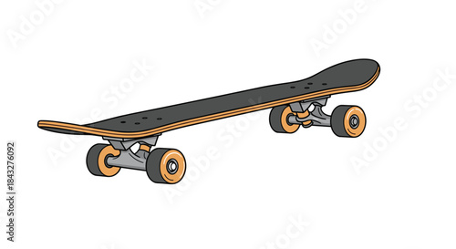 Colorful hand-drawn illustration of a classic skateboard with a wooden deck and orange wheels, isolated on a white background for design.