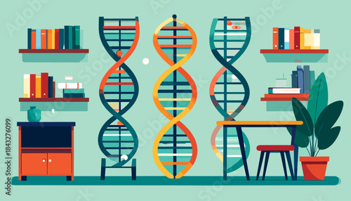 Flat vector illustration of DNA molecules, books, a table, a plant, and shelves against a light blue background