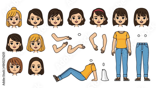 Cartoon Girl Character Creation Kit Vector Illustration