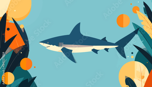 Geometric cartoon a great white shark swims between flora and circular shapes on a light blue background