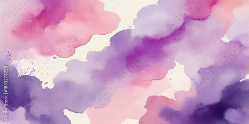 Abstract hand-painted watercolor background with cumulus clouds in a light blue summer sky, featuring paper texture and a vintage aesthetic