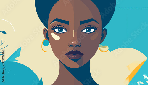 Geometric illustration featuring a brown-skinned woman's face with bright blue accents and an abstract background