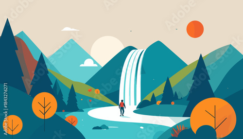 Geometric landscape featuring mountains, a waterfall, trees, and a lone figure walking along a winding river path