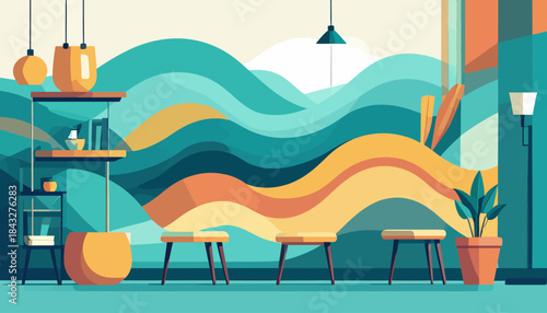 Geometric room shelves, lamps, stools, plant, and wavy wall in teal, orange, and yellow