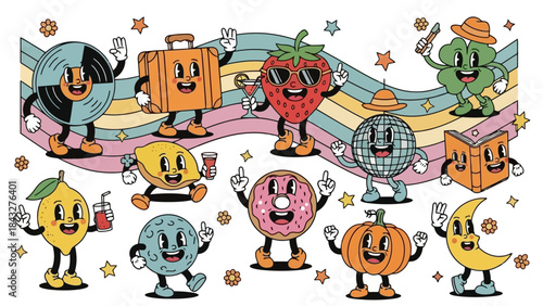 A vibrant and whimsical collection of anthropomorphic cartoon characters representing various objects and foods, set against a colorful wavy background.