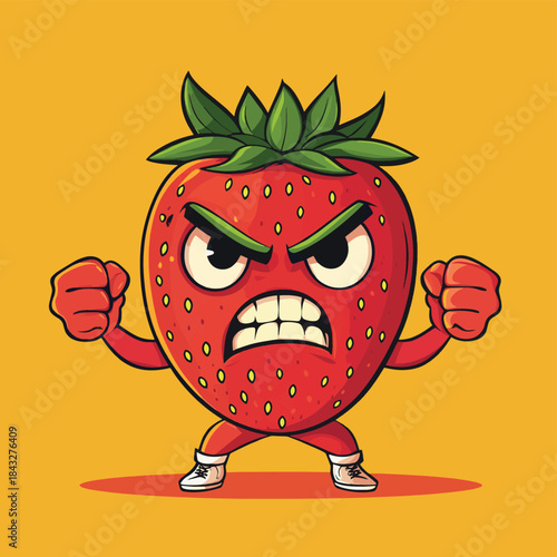 An angry strawberry cartoon character with a menacing expression and hands raised in a threatening gesture. , vector style simple color