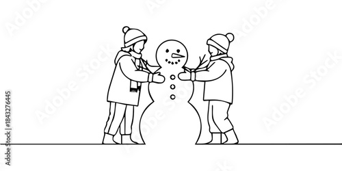 Minimal Vector Silhouette of Two Children Building Snowman in Winter Scene
