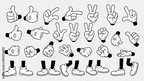 Collection of cartoon hands and feet in various poses, perfect for animation and design projects.