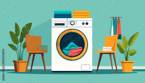Laundry room illustration with washing machine, chairs, plants and a rack of colorful clothes against a blue wall
