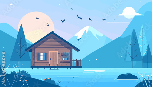 Log cabin sits on stilts in a lake, with mountains, trees, birds, and sun in blue, peach, and brown palette