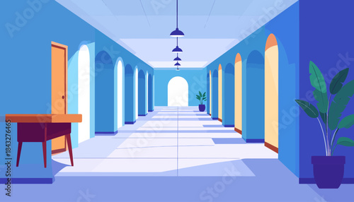 Long, tiled hallway with arches and potted plant