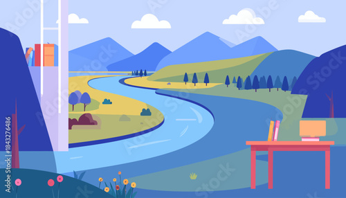 Low poly riverside landscape, desk, monitor, & books, seen from inside. Peaceful, colorful, simple, nature, calming, serene